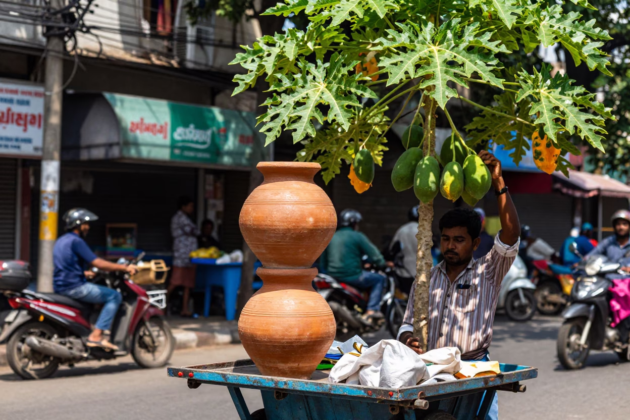 Midday Street Scene in Kolkata India with Terracotta Pot and Papaya Tree in in Kolkata, India