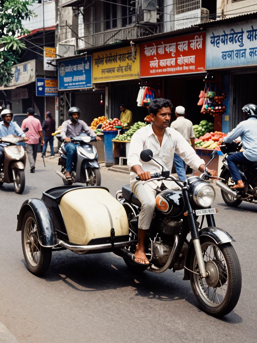 Midday Street Scene in Kolkata India with Vintage Motorcycle Sidecar and Local Market Activity in in Kolkata, India