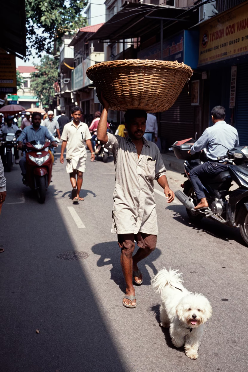 Midday Street Scene in Kolkata India with Wicker Hamper and Maltese Dog in in Kolkata, India