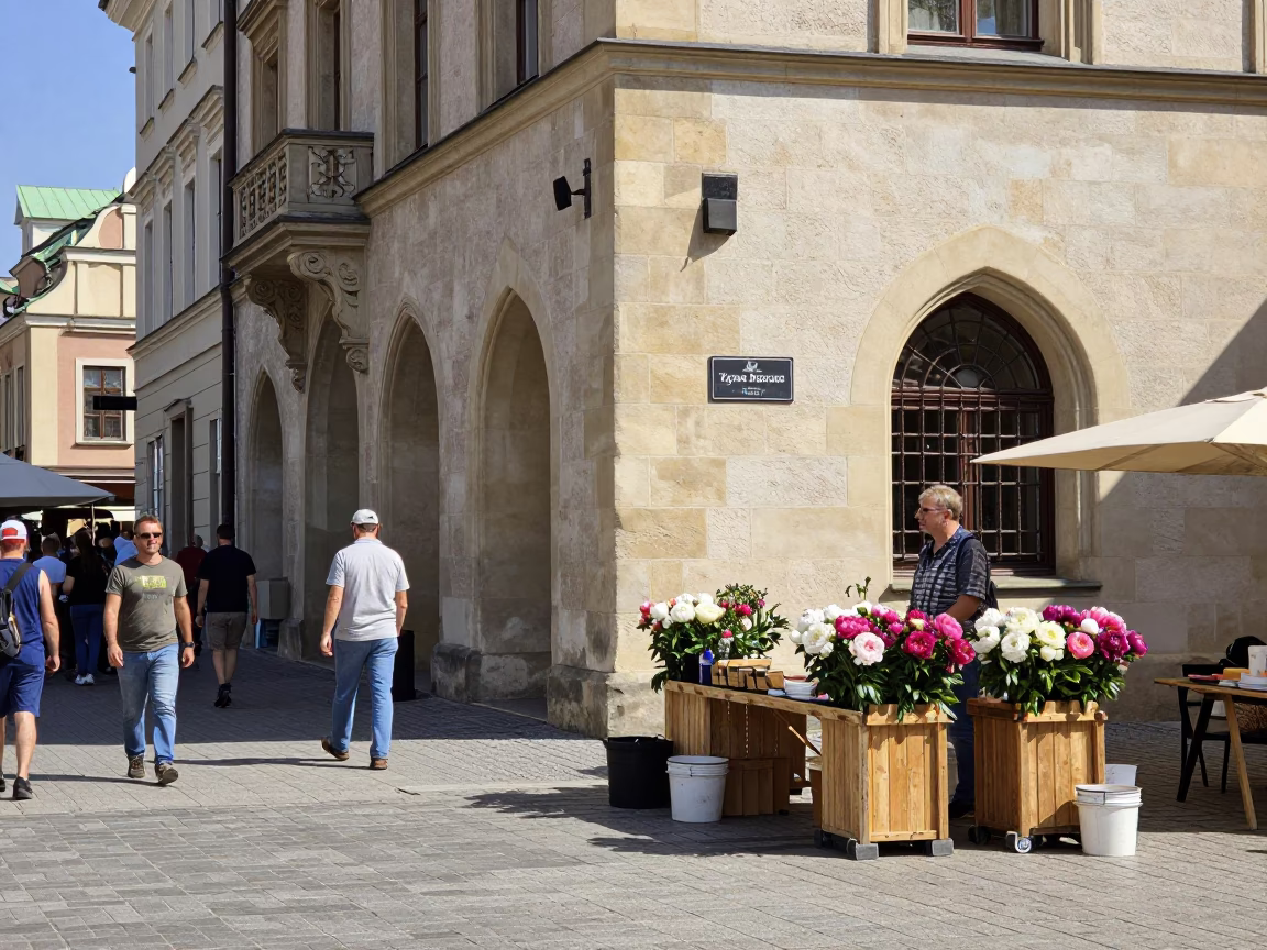 Midday Street Scene in Krakow Poland with Local Market Activity and Traditional Architecture in in Krakow, Poland