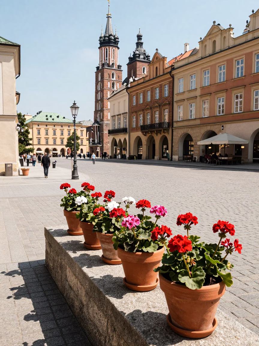 Midday Street Scene in Krakow Poland with Potted Geraniums and Historic Architecture in in Krakow, Poland