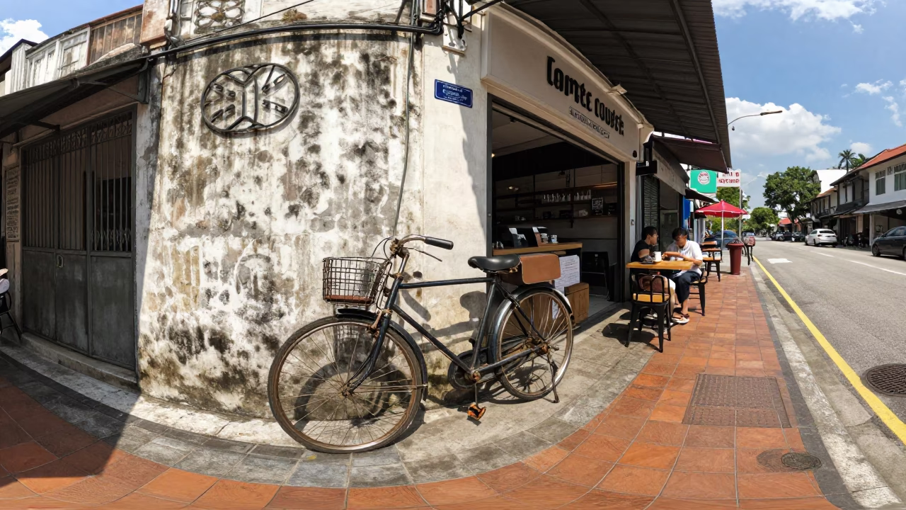 Midday Street Scene in Kuala Lumpur Malaysia with Vintage Bicycle and Coffee Shop in in Kuala Lumpur, Malaysia