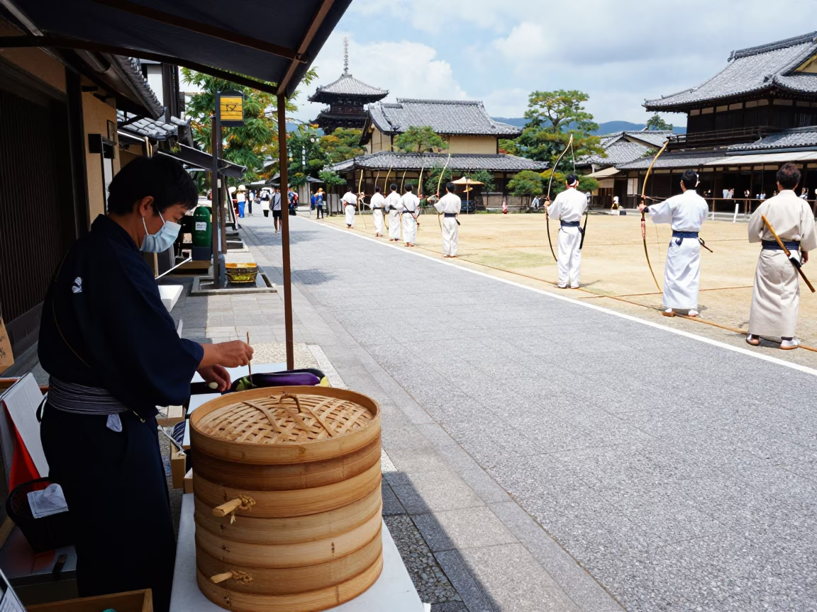 Midday Street Scene in Kyoto Japan with Bamboo Steamer and Eggplants in in Kyoto, Japan