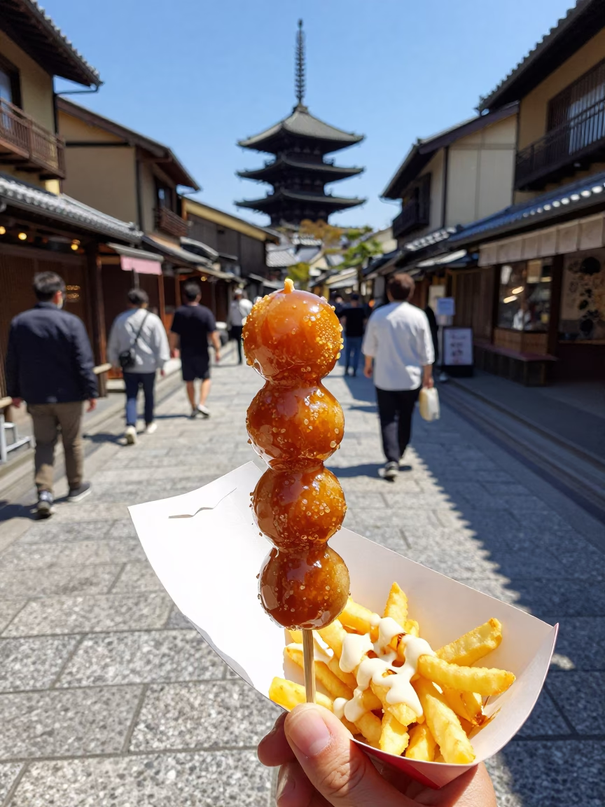 Midday Street Scene in Kyoto Japan with Dango and Traditional Architecture in in Kyoto, Japan