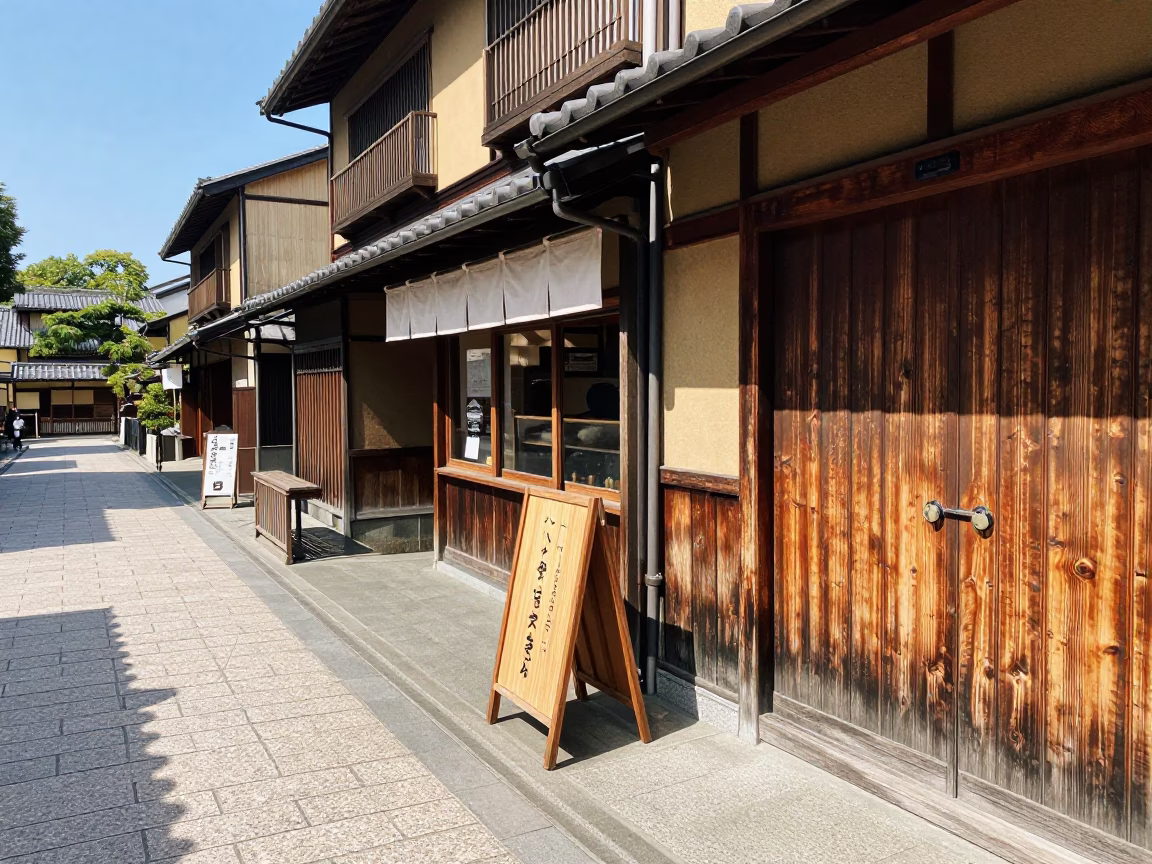 Midday Street Scene in Kyoto Japan with Traditional Wooden Architecture and Local Dining in in Kyoto, Japan