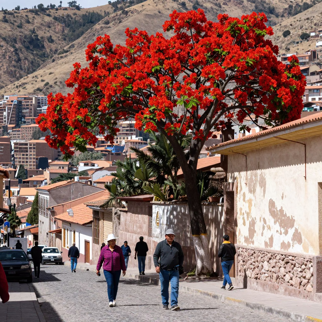 Midday Street Scene in La Paz Bolivia with Flame Tree Bloom and Wicker Shadow in in La Paz, Bolivia