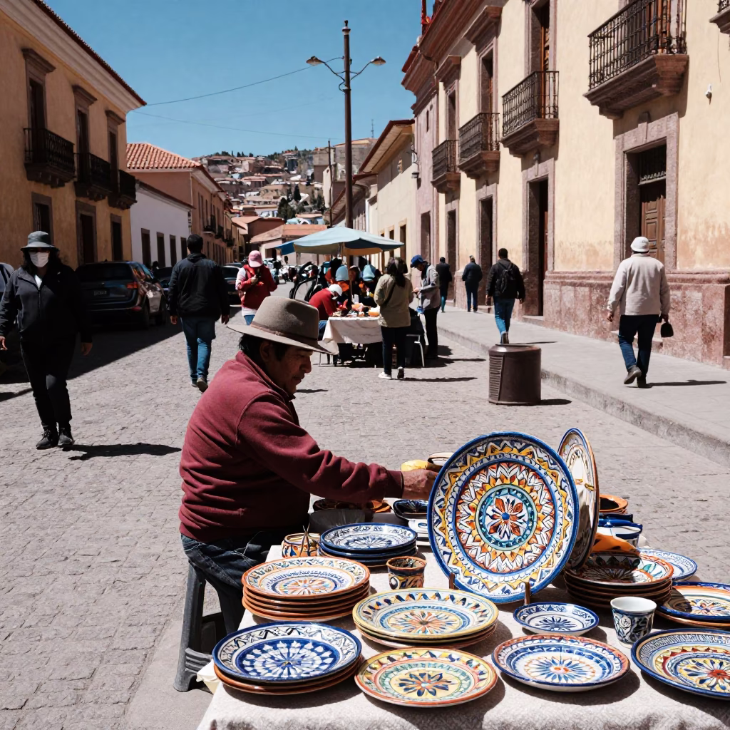 Midday Street Scene in La Paz Bolivia with Vintage Italian Majolica Plate and Houseplant in in La Paz, Bolivia