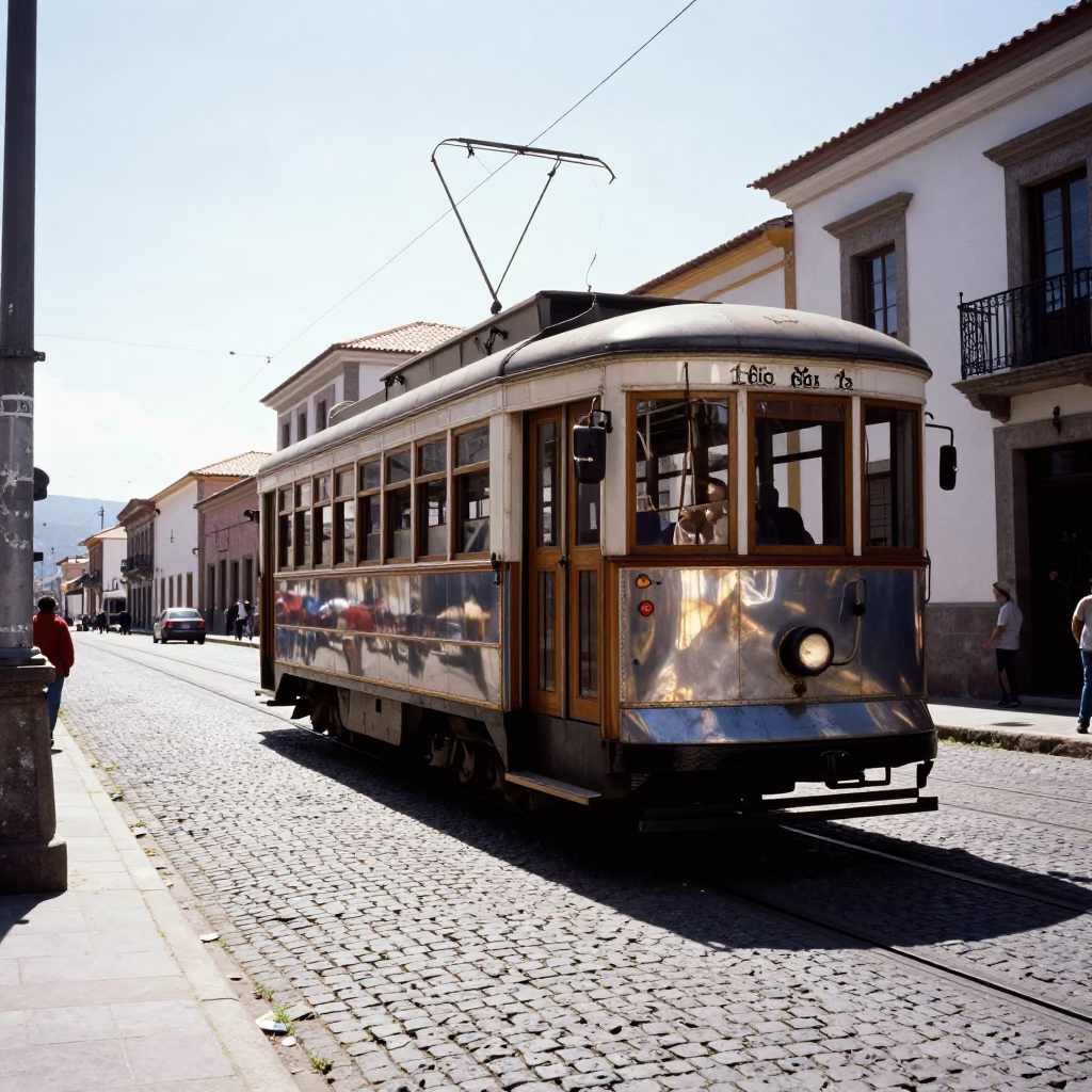 Midday Street Scene in La Paz Bolivia with Vintage Tram and Cobblestones in in La Paz, Bolivia