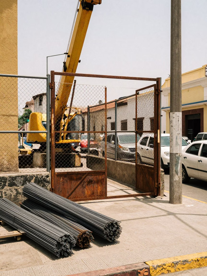 Midday Street Scene in Lima Peru with Construction Elevator Gate and Rebar Bundles in in Lima, Peru