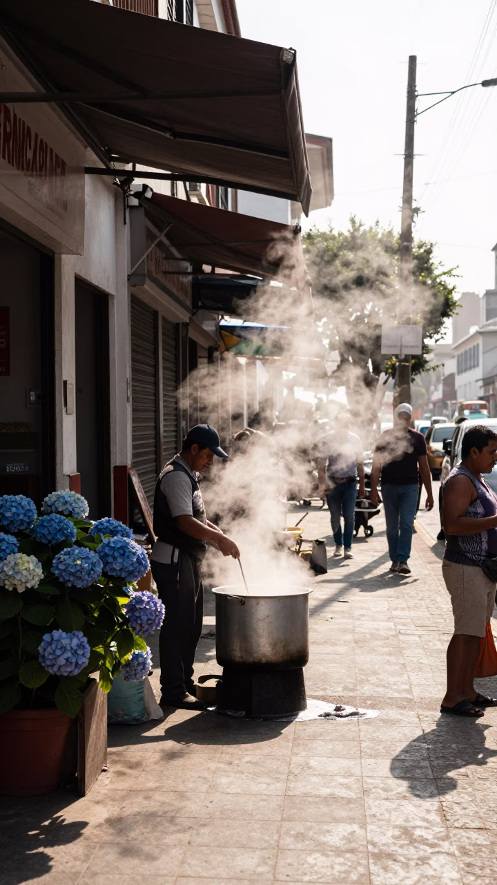 Midday Street Scene in Lima Peru with Steam Haze and Hydrangeas in in Lima, Peru