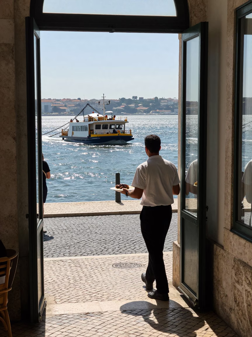 Midday Street Scene in Lisbon Portugal with Chain Ferry and Local Refreshments in in Lisbon, Portugal