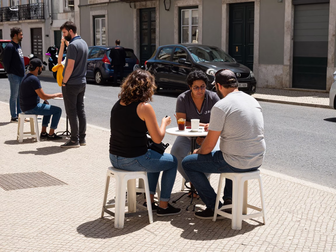 Midday Street Scene in Lisbon Portugal with Folding Stools and Local Interaction in in Lisbon, Portugal