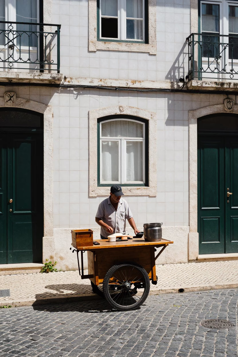 Midday Street Scene in Lisbon Portugal with Vintage 1980s Aesthetic and Local Market Activity in in Lisbon, Portugal