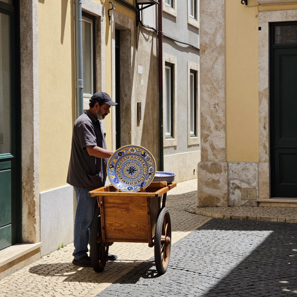 Midday Street Scene in Lisbon Portugal with Vintage Italian Majolica Plate and Patterned Rug in in Lisbon, Portugal