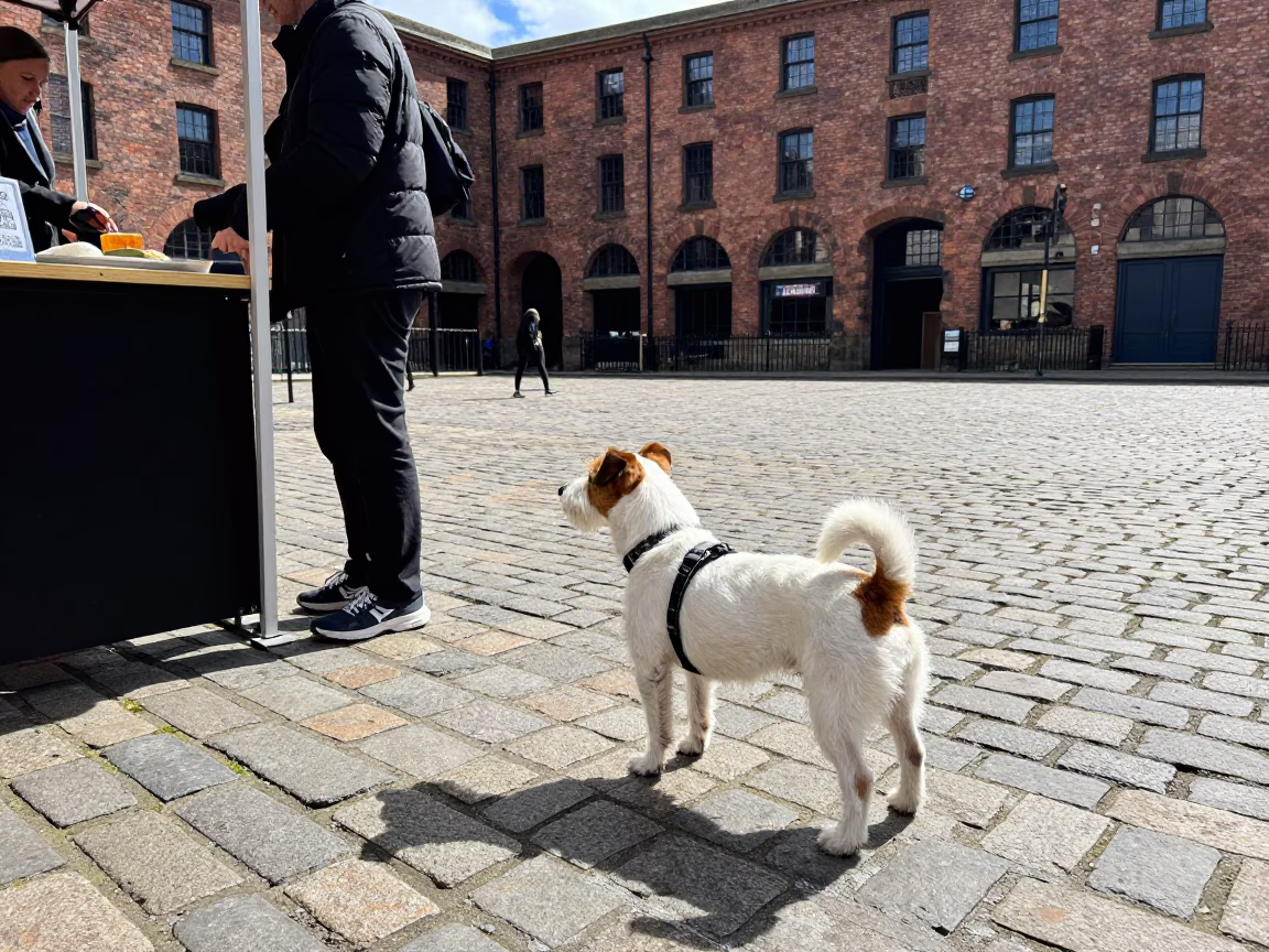 Midday Street Scene in Liverpool UK Featuring Parson Russell Terrier and Colorful Urban Details in in Liverpool, United Kingdom
