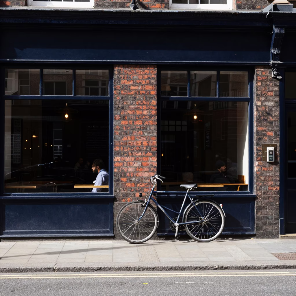 Midday Street Scene in Liverpool United Kingdom with Bicycle and Cafe Exterior in in Liverpool, United Kingdom