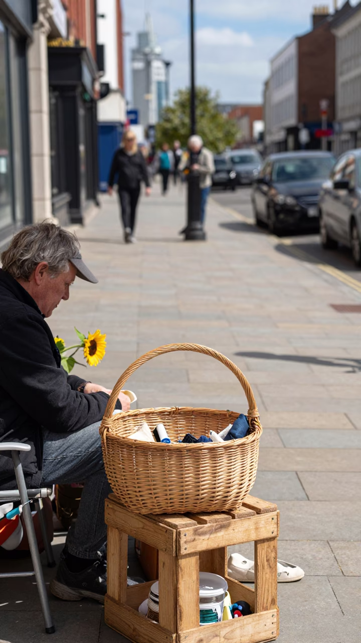 Midday Street Scene in Liverpool United Kingdom with Mending Basket and Sunflowers in in Liverpool, United Kingdom