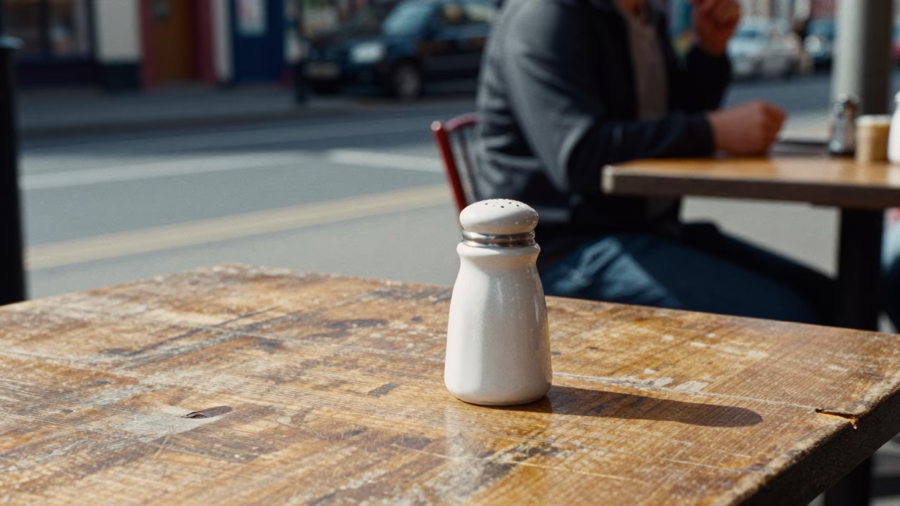 Midday Street Scene in Liverpool United Kingdom with Salt Shaker on Cafe Table in in Liverpool, United Kingdom