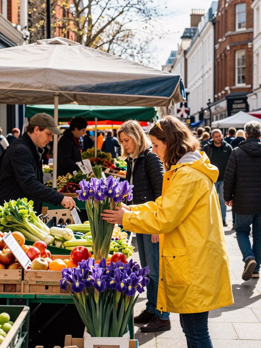 Midday street scene in London with colorful market stalls and pedestrians in in London, United Kingdom