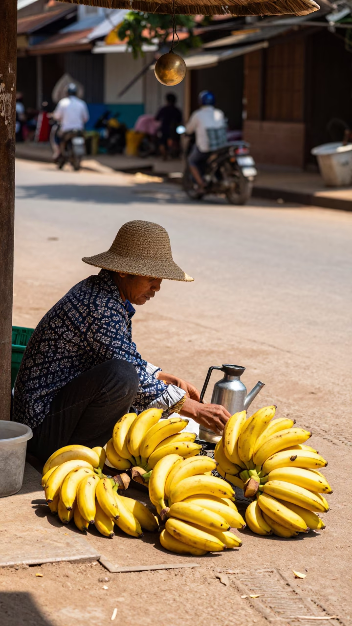 Midday Street Scene in Luang Prabang Laos with Bananas and Watering Bottle in in Luang Prabang, Laos