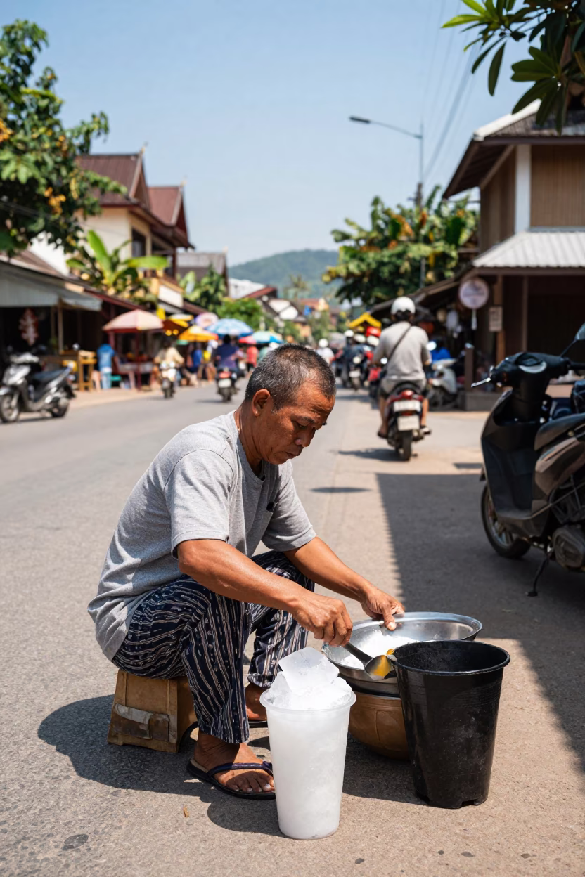 Midday Street Scene in Luang Prabang Laos with Local Vendor and Shaved Ice Dessert in in Luang Prabang, Laos