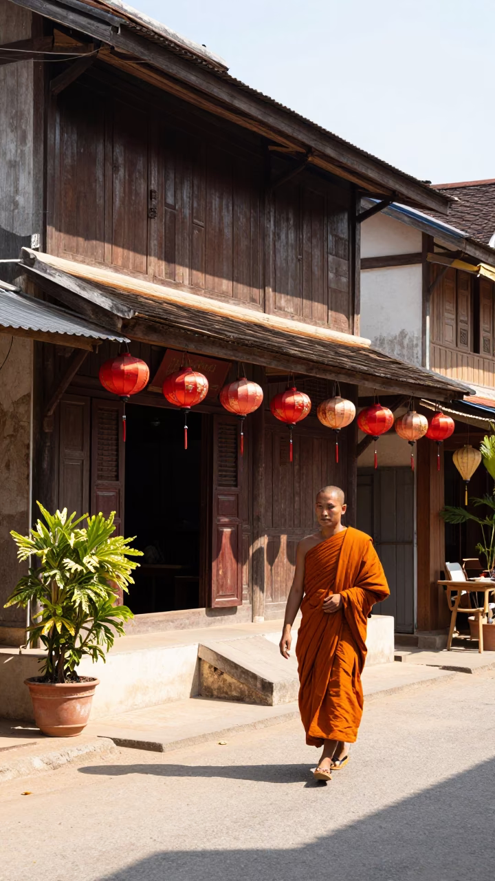 Midday Street Scene in Luang Prabang Laos with Paper Lanterns and Local Life in in Luang Prabang, Laos