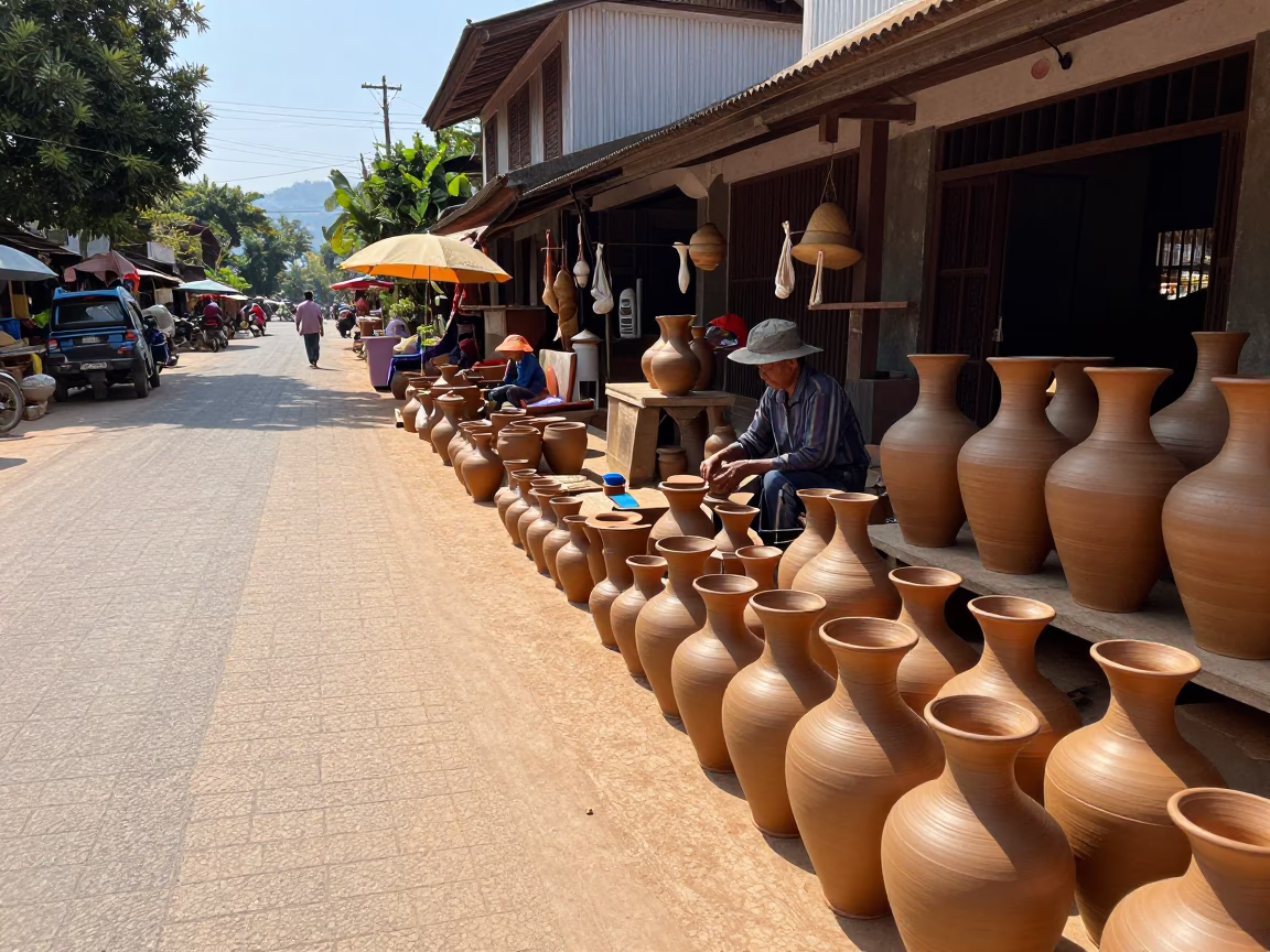 Midday Street Scene in Luang Prabang Laos with Pottery Market Wares in in Luang Prabang, Laos