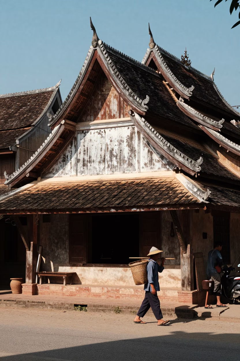 Midday Street Scene in Luang Prabang Laos with Traditional Architecture and Local Life in in Luang Prabang, Laos
