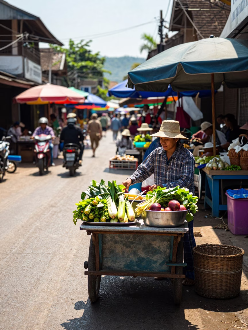 Midday Street Scene in Luang Prabang Laos with Traditional Market Vendors and Local Life in in Luang Prabang, Laos