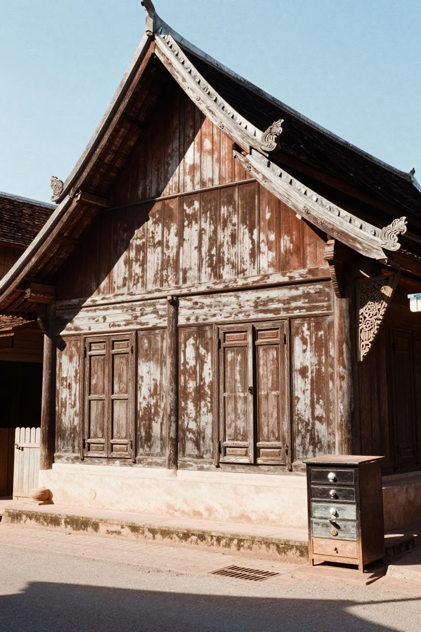 Midday Street Scene in Luang Prabang Laos with Traditional Wooden Architecture and Local Life in in Luang Prabang, Laos