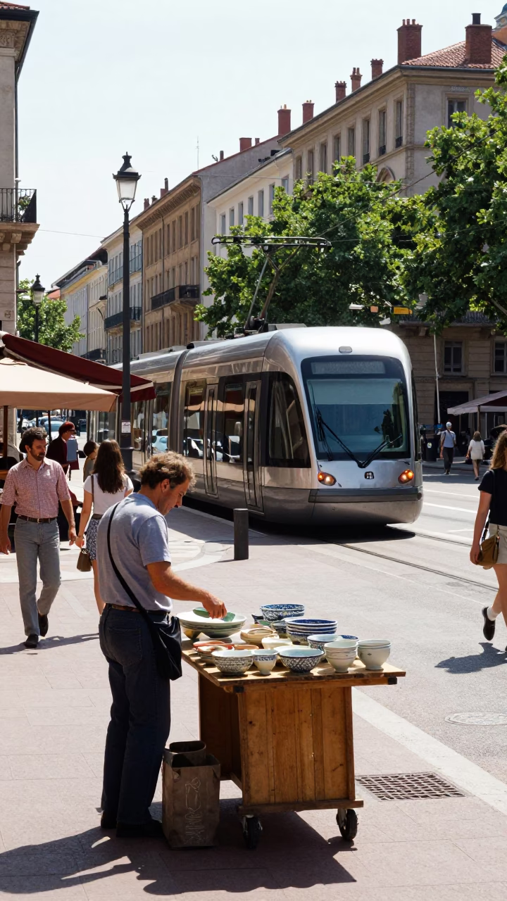 Midday street scene in Lyon France featuring monorail and local commerce in in Lyon, France