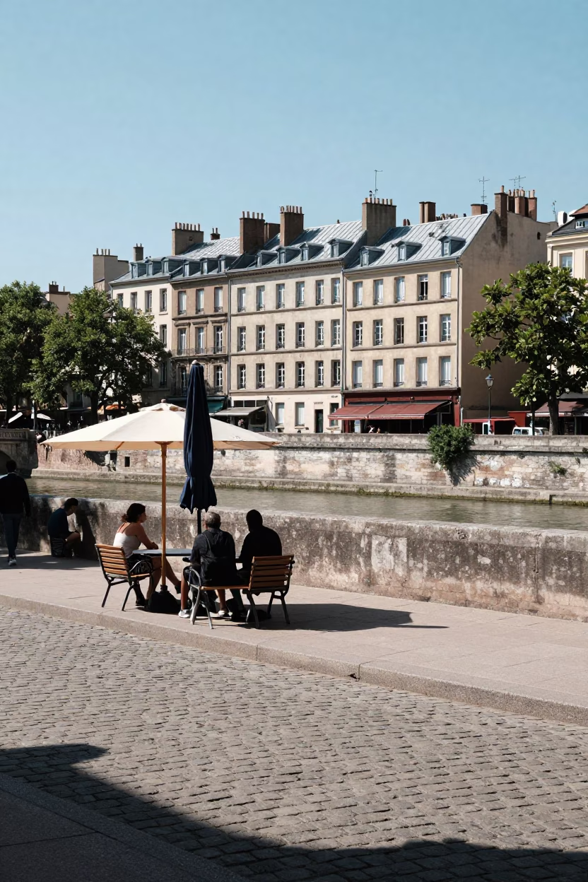 Midday Street Scene in Lyon France with Umbrella Stand and Local Architecture in in Lyon, France