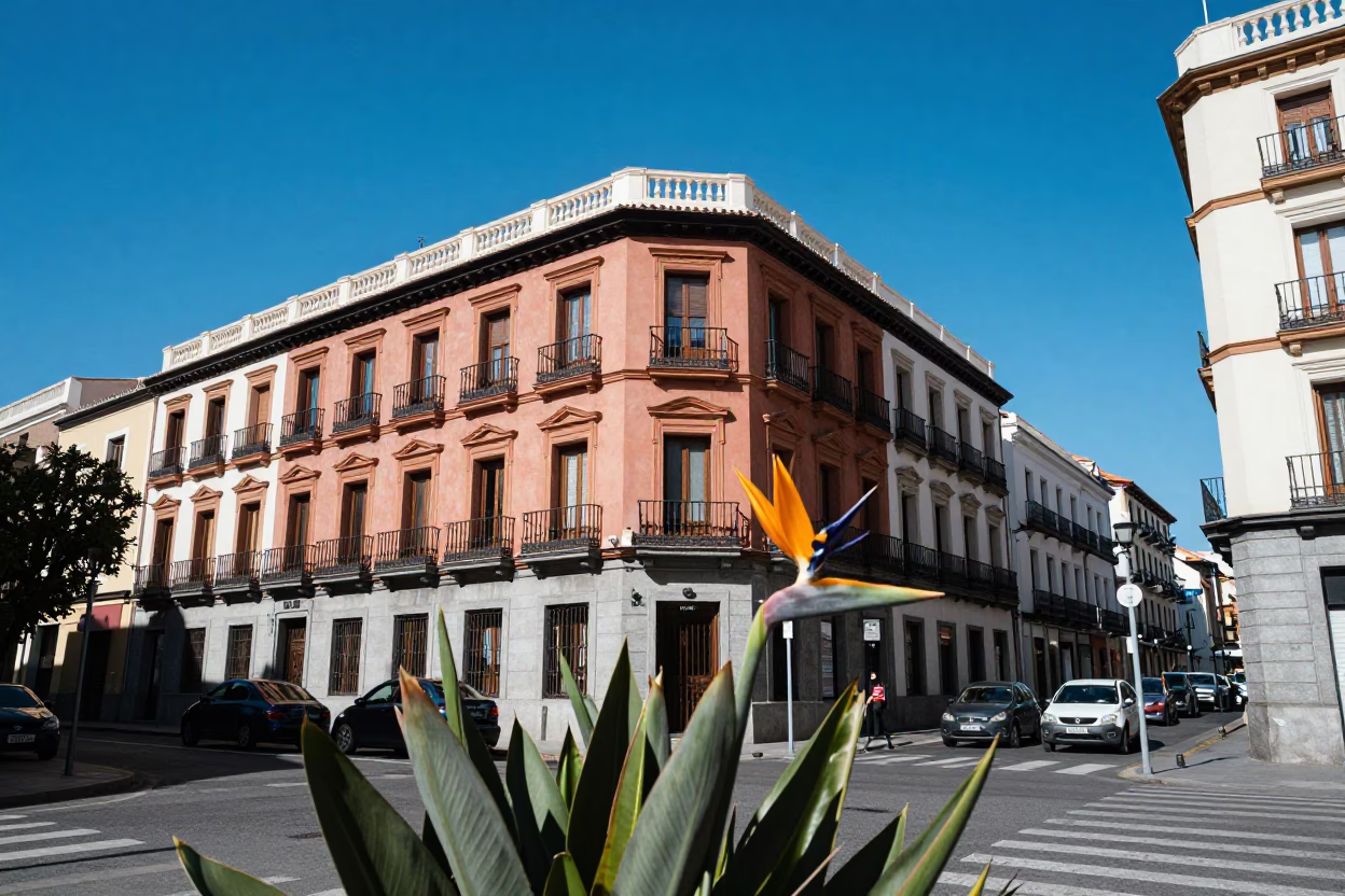 Midday Street Scene in Madrid Spain with Bird of Paradise Flower Against Blue Sky in in Madrid, Spain