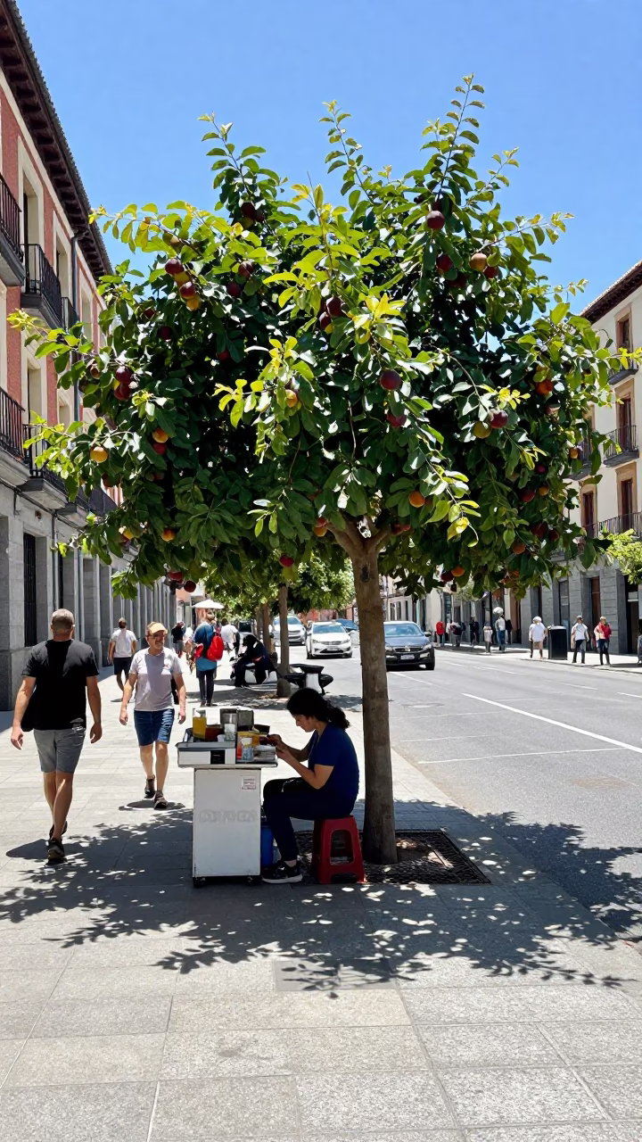 Midday Street Scene in Madrid Spain with Fig Tree and Nectarines in in Madrid, Spain