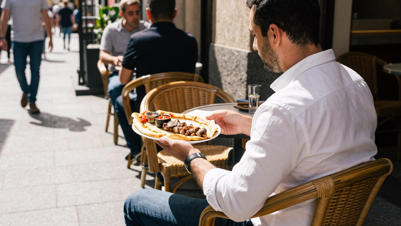 Midday Street Scene in Madrid Spain with Rattan Chair and Iskender Kebab Plate in in Madrid, Spain