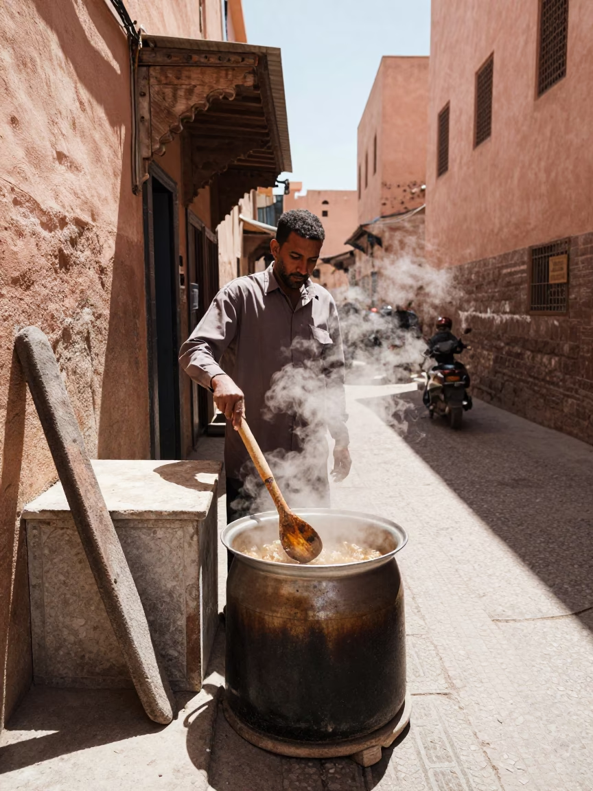 Midday Street Scene in Marrakech Morocco with Boot Scraper and Wooden Spoon in in Marrakech, Morocco