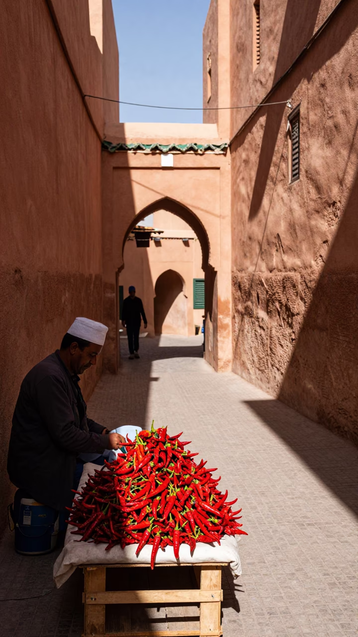 Midday Street Scene in Marrakech Morocco with Chili Peppers and Geometric Scaffold Patterns in in Marrakech, Morocco