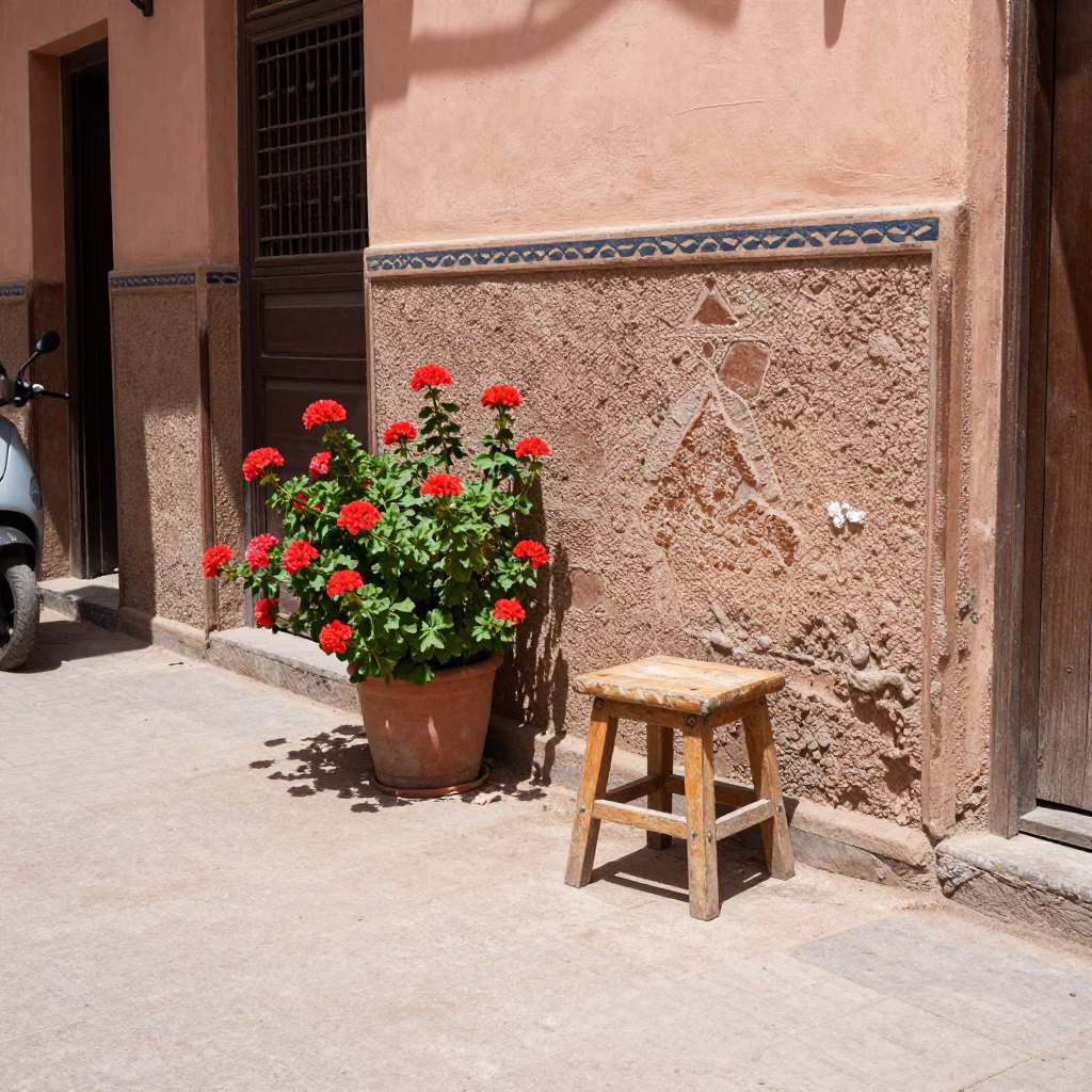 Midday Street Scene in Marrakech Morocco with Geraniums and Wooden Stool in in Marrakech, Morocco