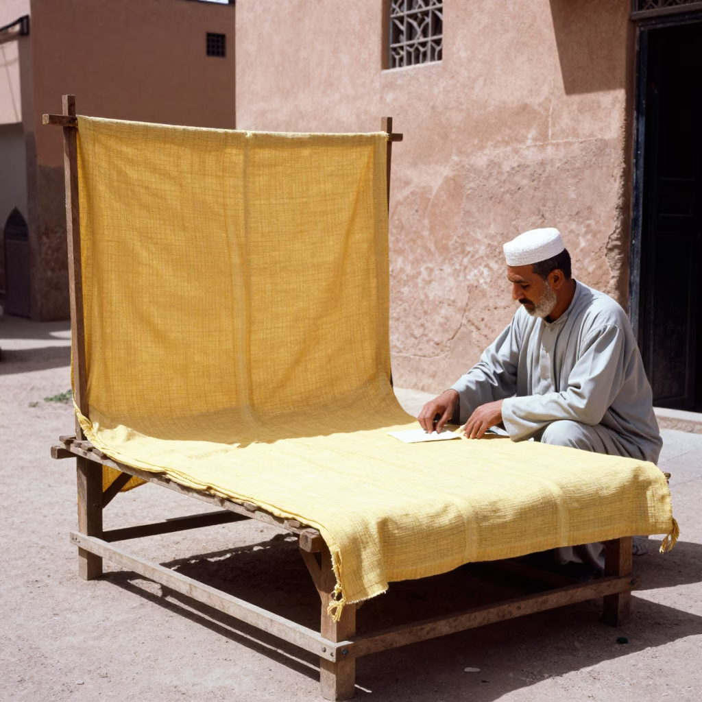 Midday Street Scene in Marrakech Morocco with Linen Runners and Traditional Architecture in in Marrakech, Morocco