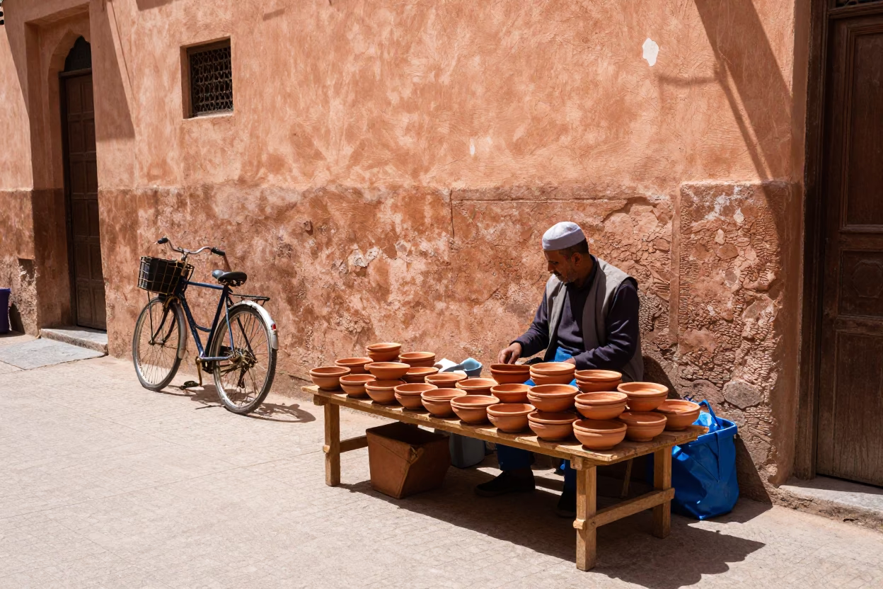 Midday Street Scene in Marrakech Morocco with Terracotta Bowls and Bicycle Basket in in Marrakech, Morocco