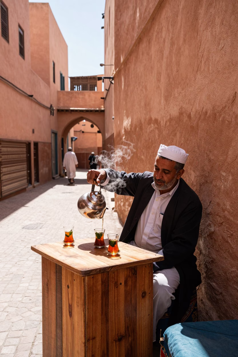 Midday Street Scene in Marrakech Morocco with Traditional Tea and Local Activity in in Marrakech, Morocco
