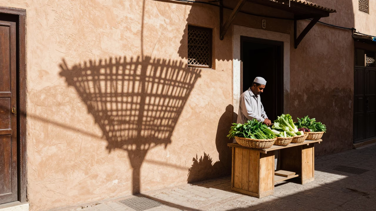 Midday Street Scene in Marrakech Morocco with Wicker Shadow and Fresh Bread Basket in in Marrakech, Morocco