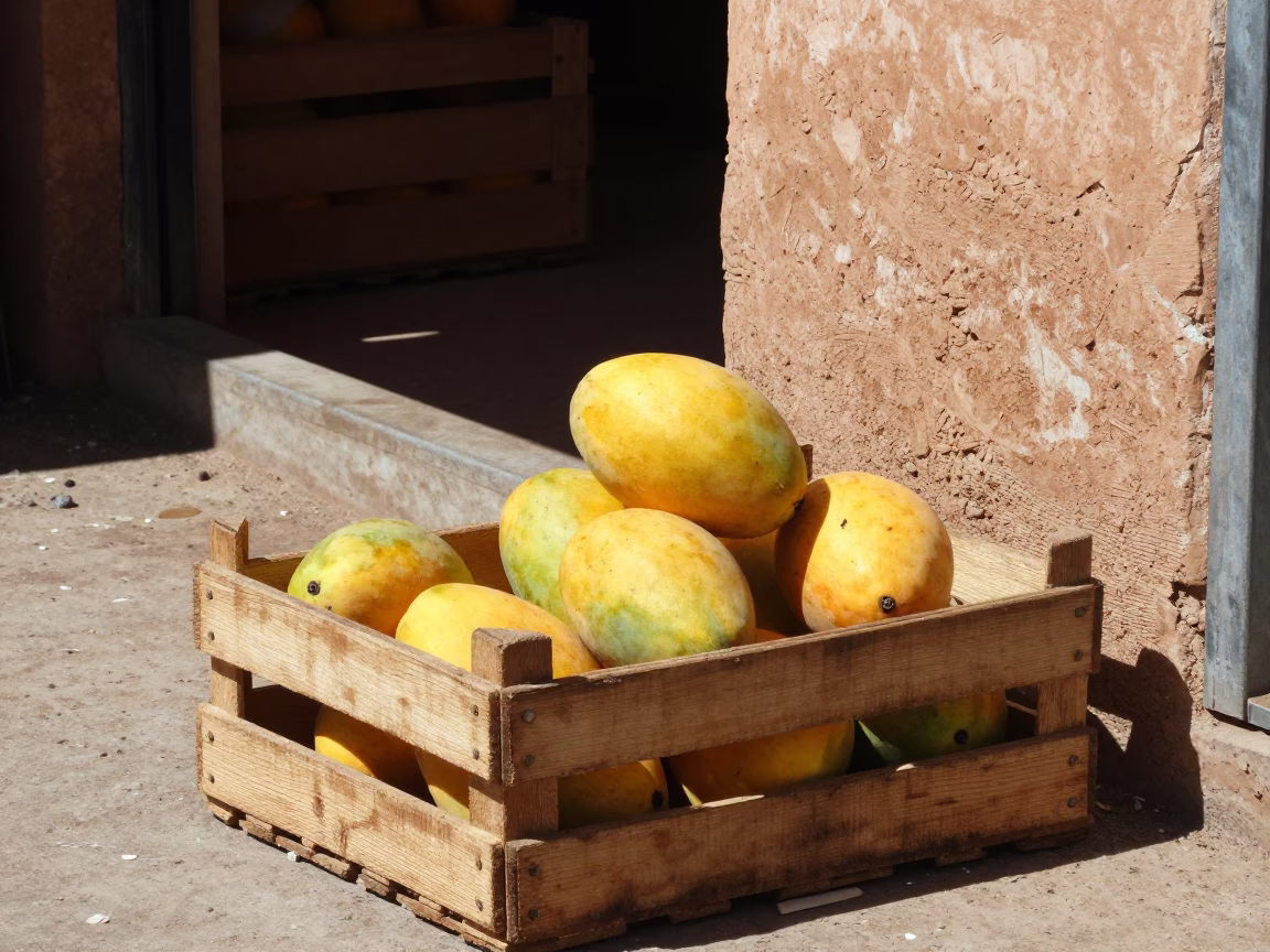 Midday Street Scene in Marrakech Morocco with Wooden Crate and Mangoes in in Marrakech, Morocco