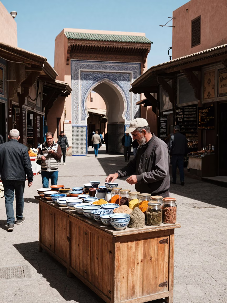 Midday Street Scene in Marrakech Morocco with Zellige Tile and Traditional Architecture in in Marrakech, Morocco