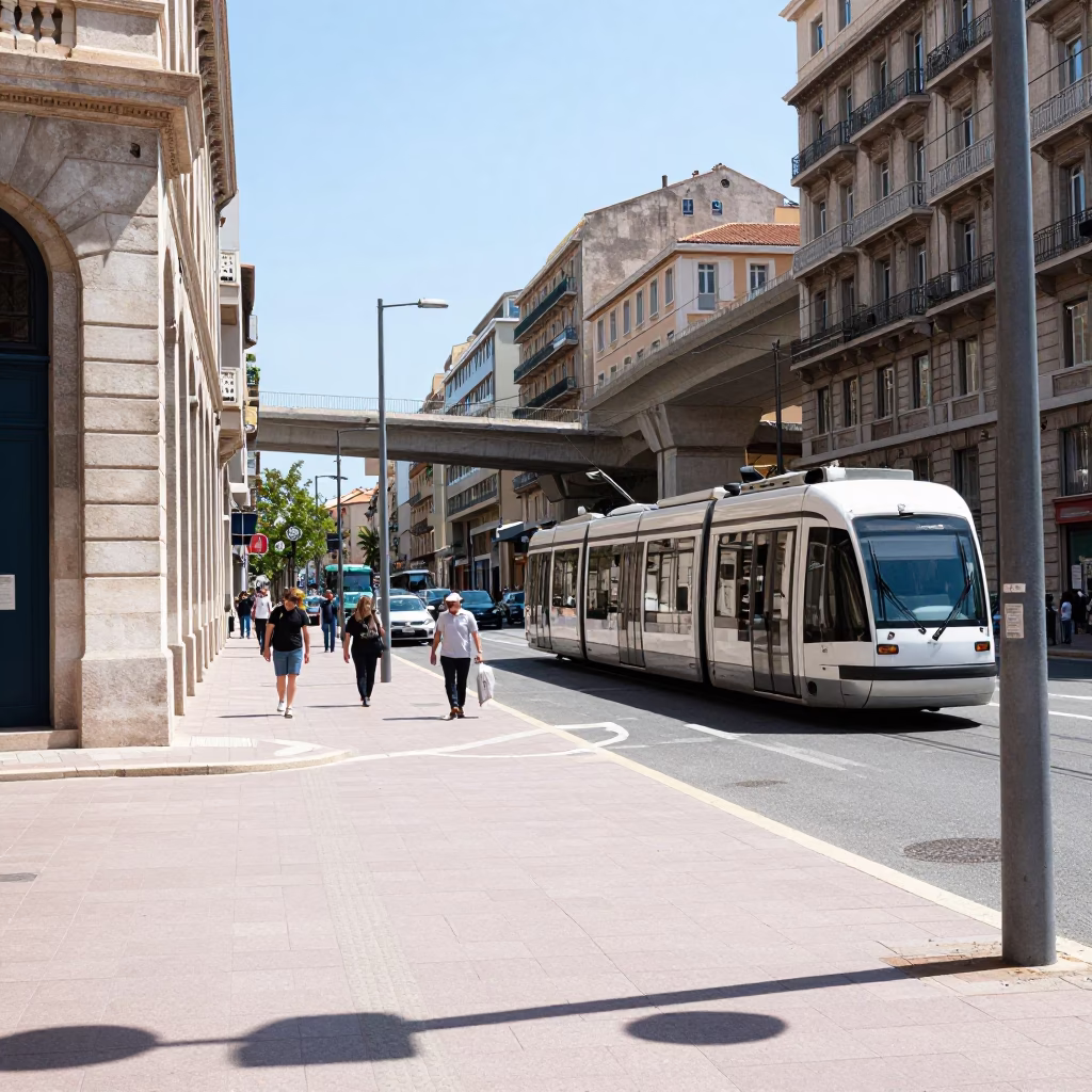 Midday Street Scene in Marseille France with Cable Car and Concrete Viaduct in in Marseille, France