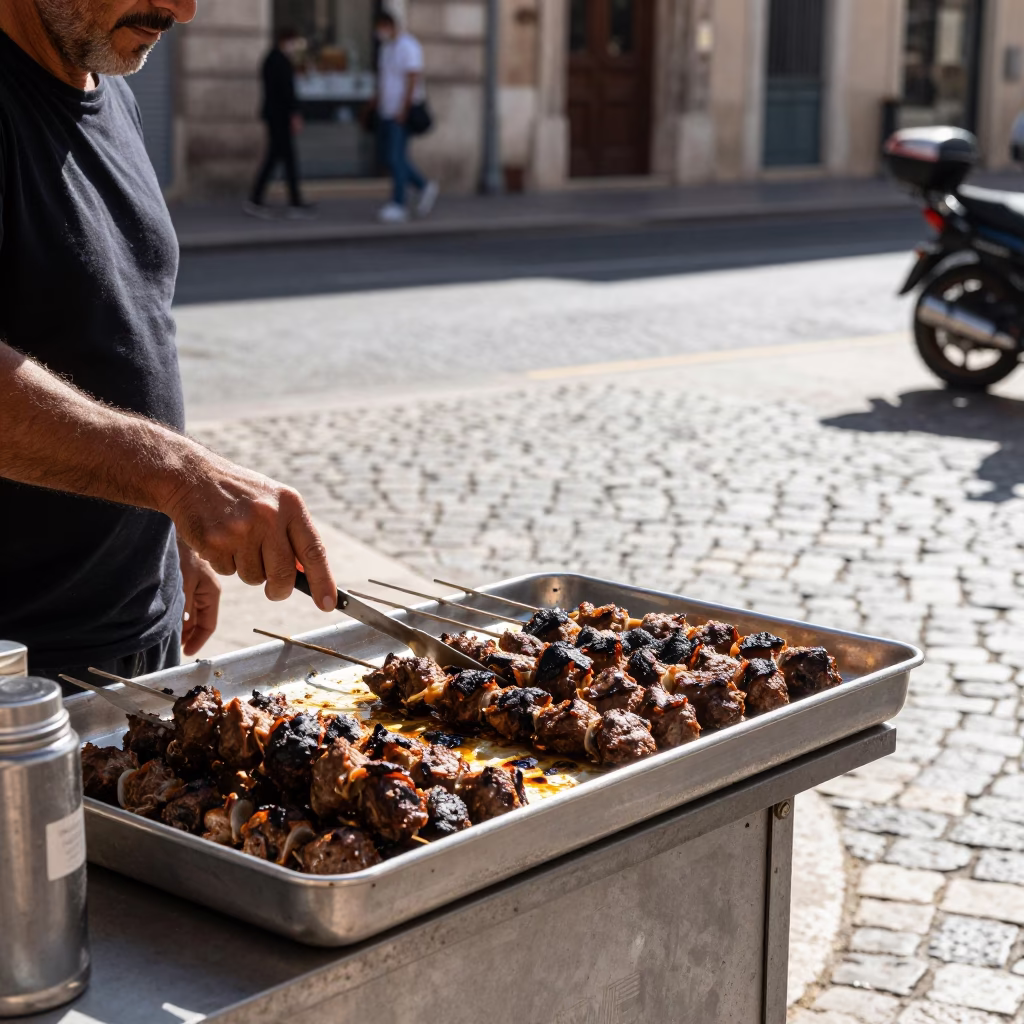 Midday Street Scene in Marseille France with Kofte Tray and Grilled Peppers in in Marseille, France