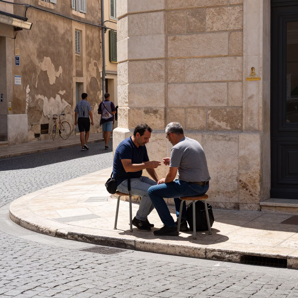 Midday Street Scene in Marseille France with Stool and Local Interaction in in Marseille, France