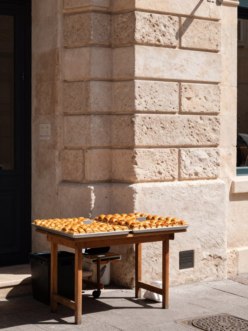 Midday Street Scene in Marseille France with Tray of Baklava and Local Vendor in in Marseille, France