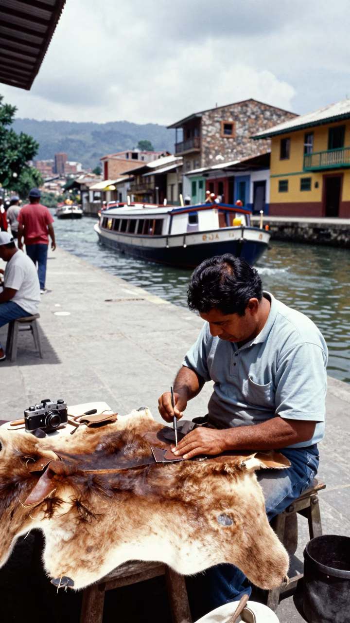 Midday Street Scene in Medellin Colombia with Awl and Canal Barge in in Medellin, Colombia