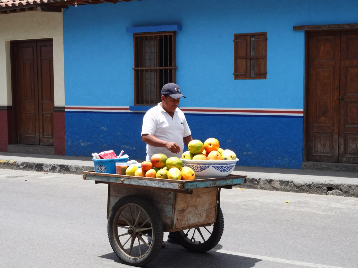 Midday Street Scene in Medellin Colombia with Local Vendor and Blue White Porcelain Bowl in in Medellin, Colombia